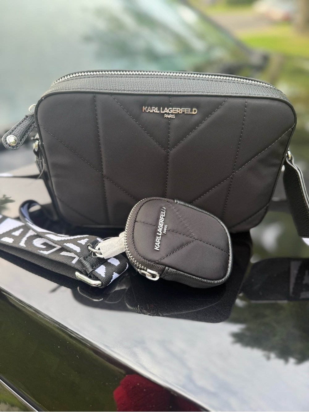 Karl Lagerfeld Black Quilted Nylon Camera Bag with Logo Strap and Pouch